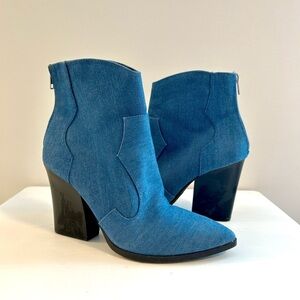 Soda Blue Faux Denim High Ankle Chunky Heeled Boots